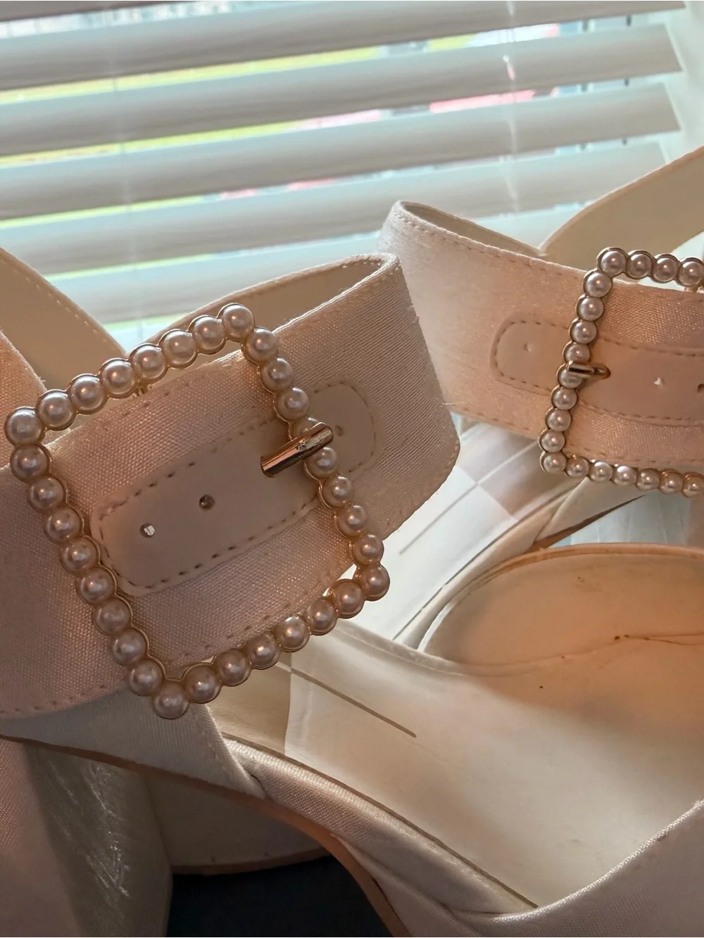 Dolce Vita Ivory Platform Block Heel Sandals with Pearl-Trim Buckle